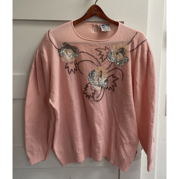 Vintage Extra Touch lambswool sweater pink With Sequined Appliqué, W Vtg Sz 42 - Picture 1 of 10